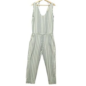 Cloth & Stone Jumpsuit Women Medium Gray Striped Linen V Back Sleeveless Pockets